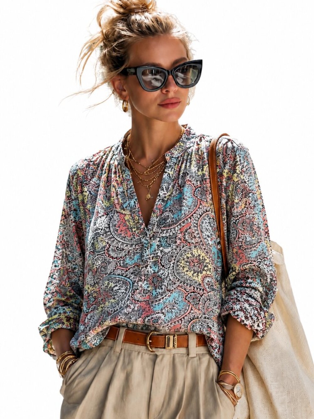 Silky Haggar's paisley blouse , pastel tones